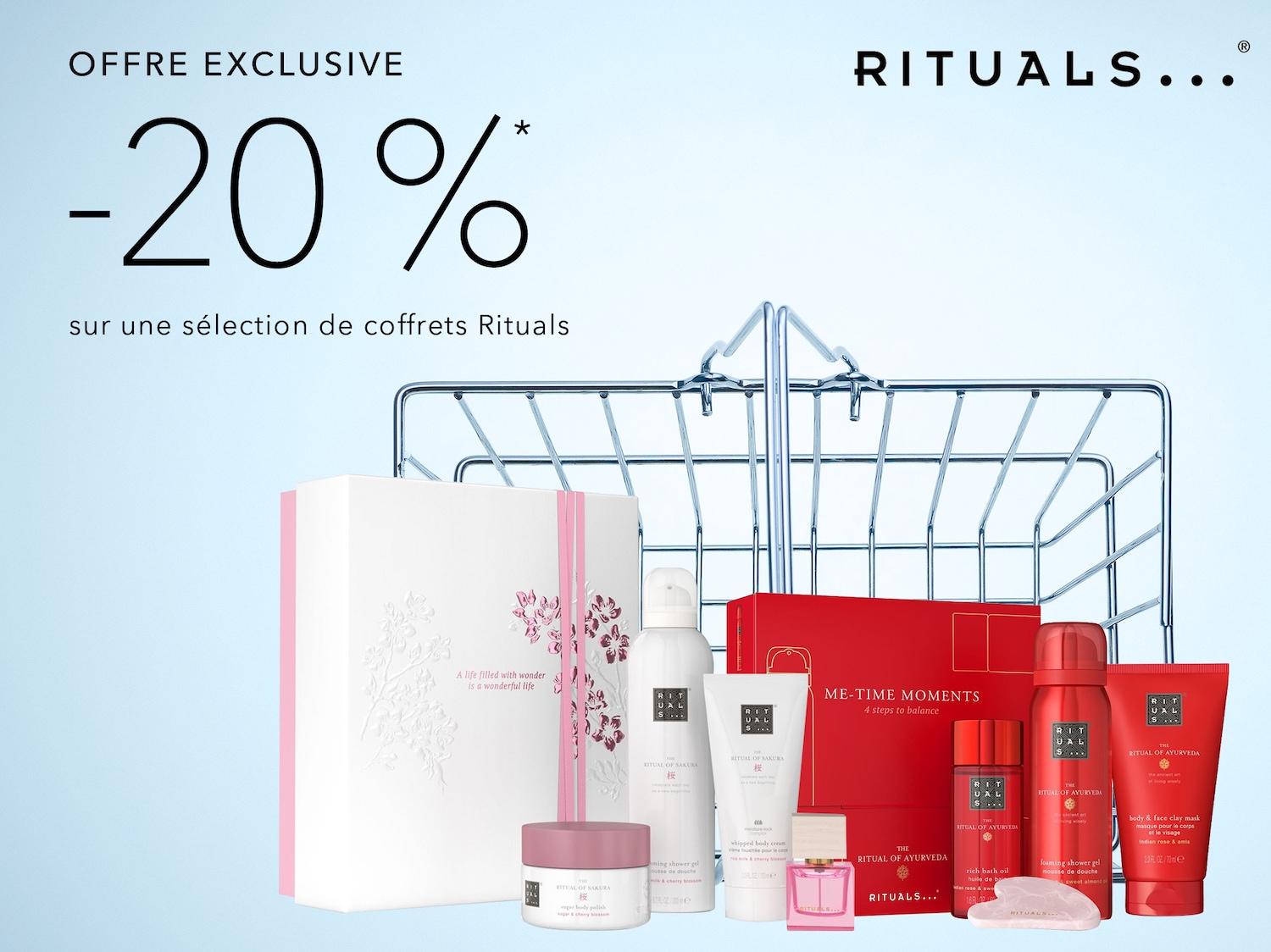 Profitez d'une offre exclusive de -20% sur une sélection de coffrets Rituals, avec des produits de soin pour le corps et le visage, présentés dans des emballages élégants.
