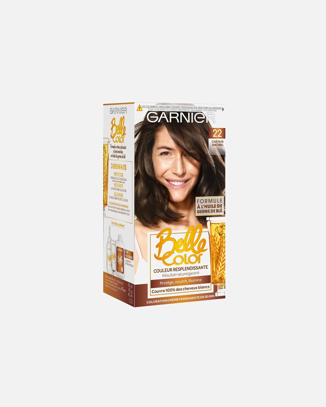 Coloration cheveux pour Femme Garnier Crème de coloration à l’huile de germe de blé. 22 - Châtain Naturel
