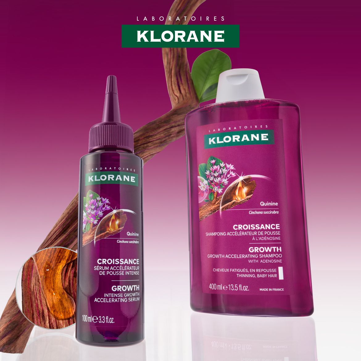 Voici le sérum et le shampooing Klorane Growth en flacons violets, conçus pour favoriser la croissance des cheveux avec de la quinine.