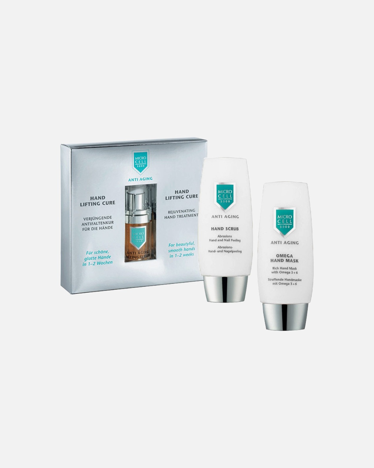 Kit de soins pour les mains pour Unisexe Microcell 3000 Anti-Aging Gommage pour les mains 75 ml + Sérum liftant pour les mains 15 ml + Masque Oméga pour les mains 75 ml