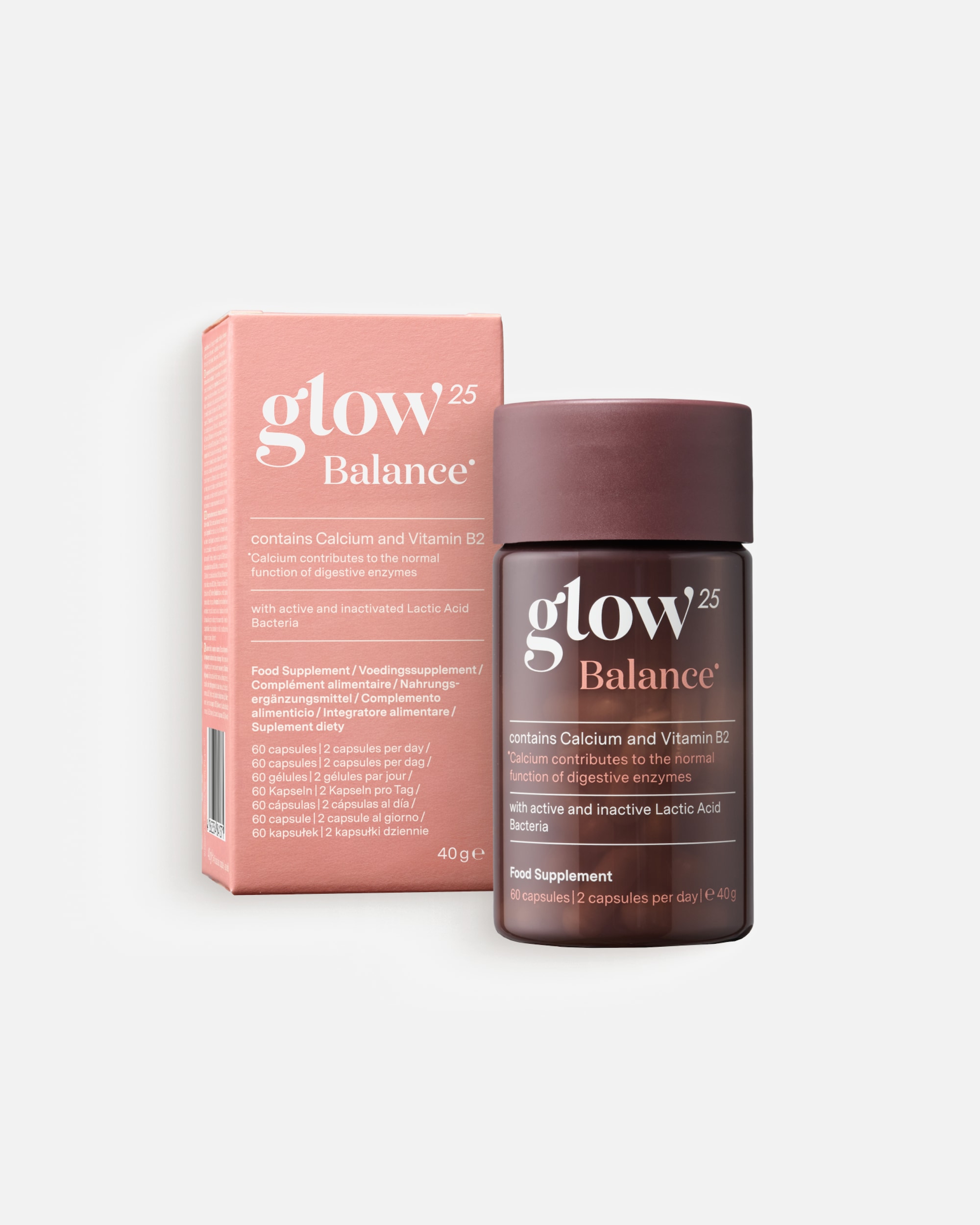 Complément alimentaire Santé intestinale pour Unisexe Glow 25 Balance - Probiotique à base de bactéries lactiques, de poudre de kiwi, d'inuline, de calcium et de vitamine B2 60 capsules