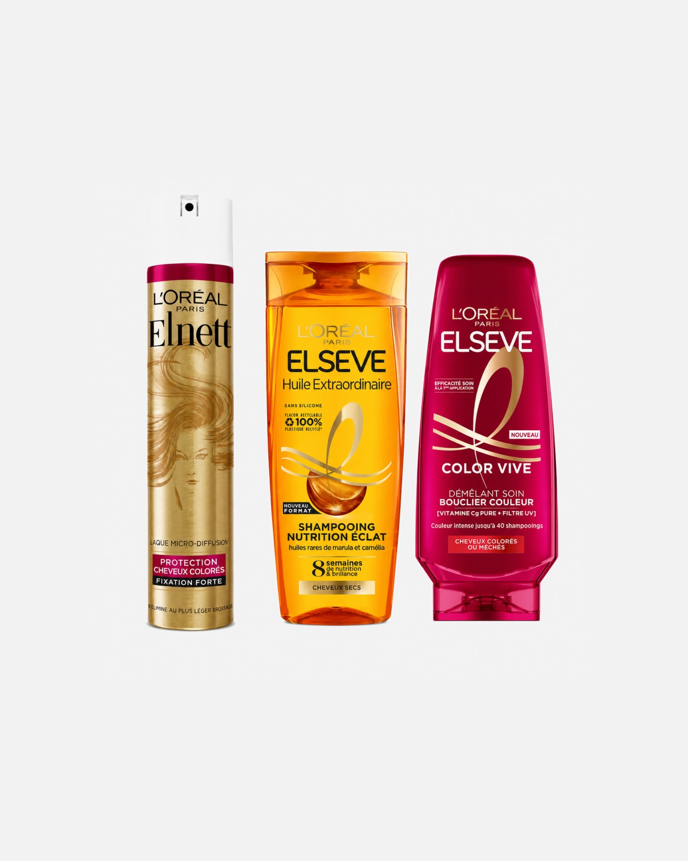 Masque capillaire pour Unisexe L’Oréal Paris Routine Cheveux Color & Brillance – Laque Elnett + Après-shampoing Color Vive + Shampoing Huile 3 Pièce