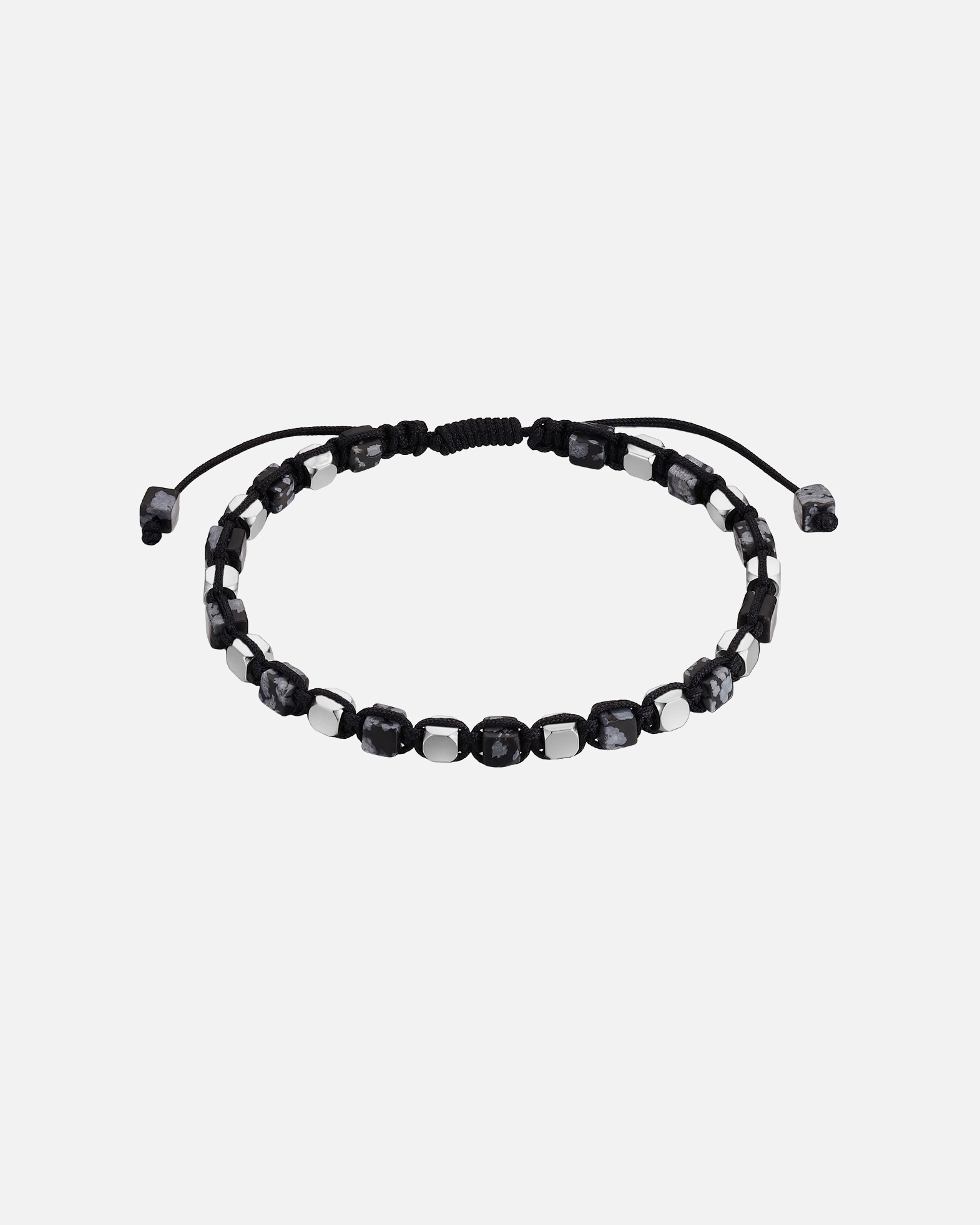 Bracelet pour Homme True Rebels Bracelet en acier inoxydable en argent avec Obsidienne flocon de neige Réglable 19,0 - 23,0 cm
