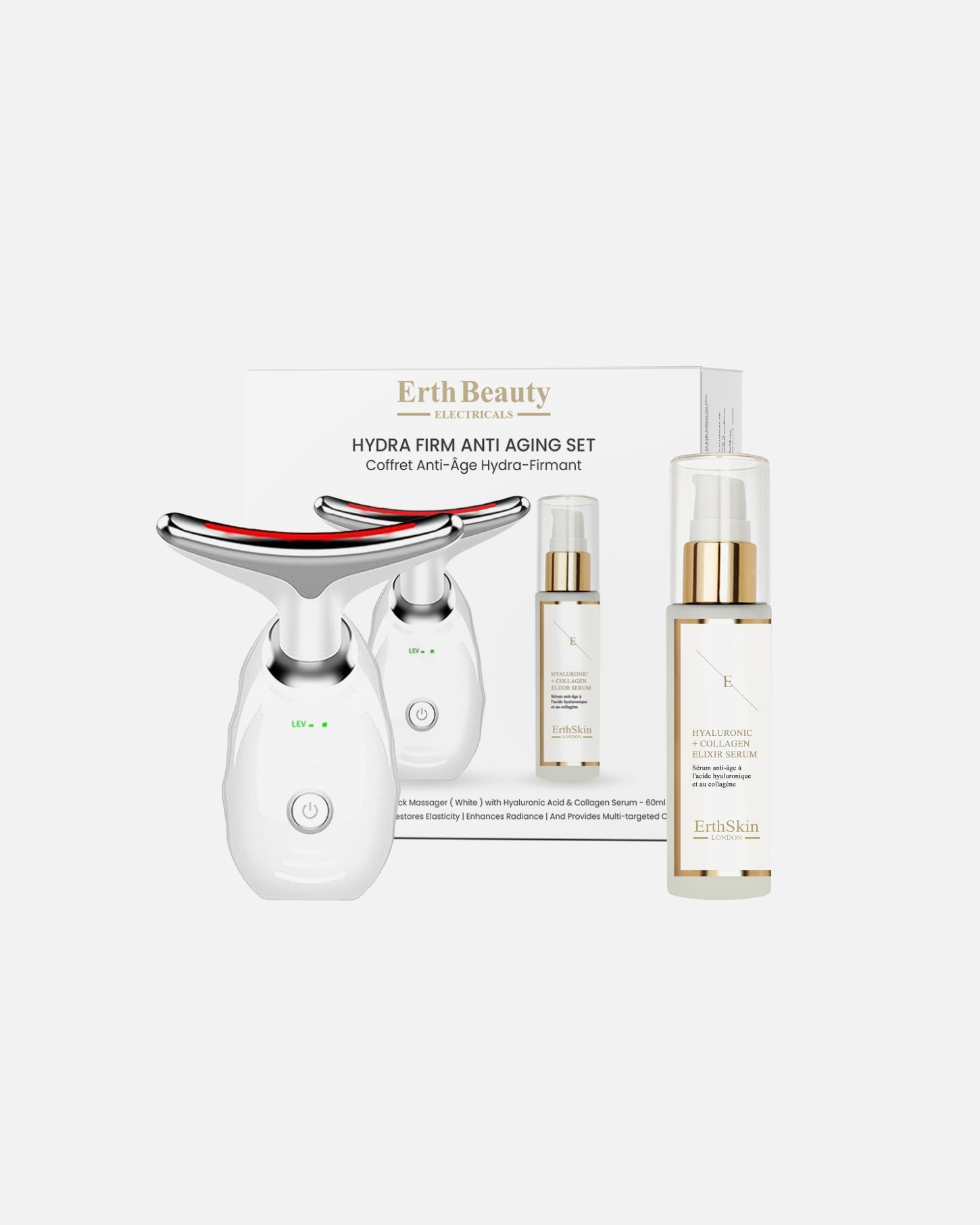 Appareil électrique de massage du visage pour Femme ErthSkin London Coffret anti-âge Hydra Firm (Masseur visage et cou – Blanc avec sérum HA) 1 pièce