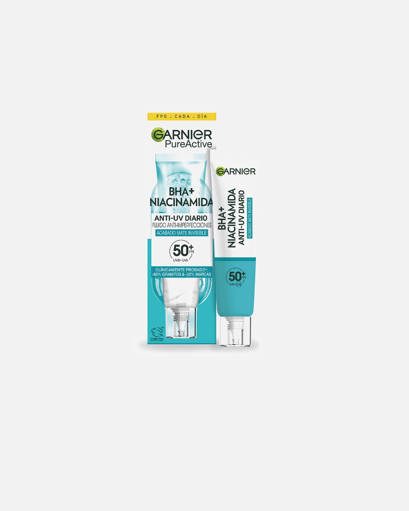 Cure visage pour Unisexe Garnier Fluide mat anti-imperfections invisible PURE ACTIVE BHA + NIACINAMIDE SPF50+ 40 ml