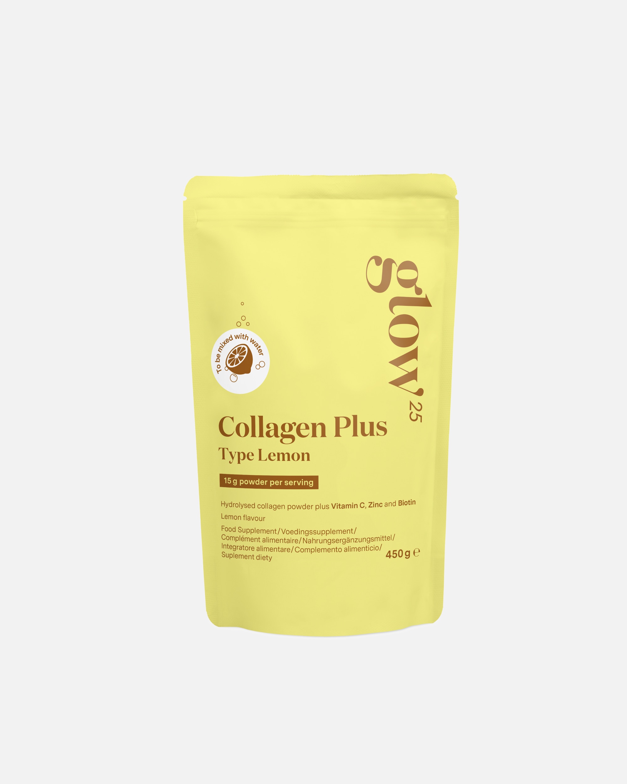 Complément alimentaire peau pour Unisexe Glow25 Collagène Plus Citron Collagène Hydrolysé Premium avec Vitamine C, Zinc & Biotine 450g