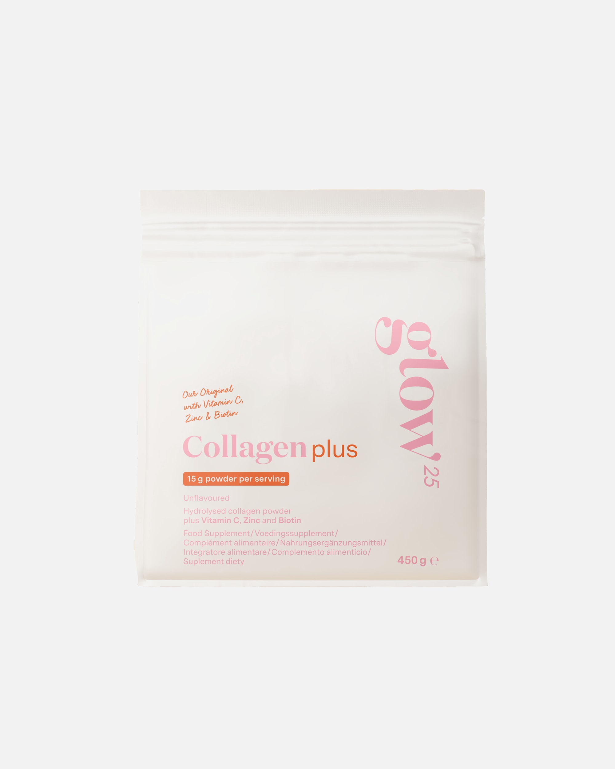 Complément alimentaire peau pour Unisexe Glow25 Poudre de Collagène Plus hydrolisé avec Vitamine C, Zinc et Biotine 450g