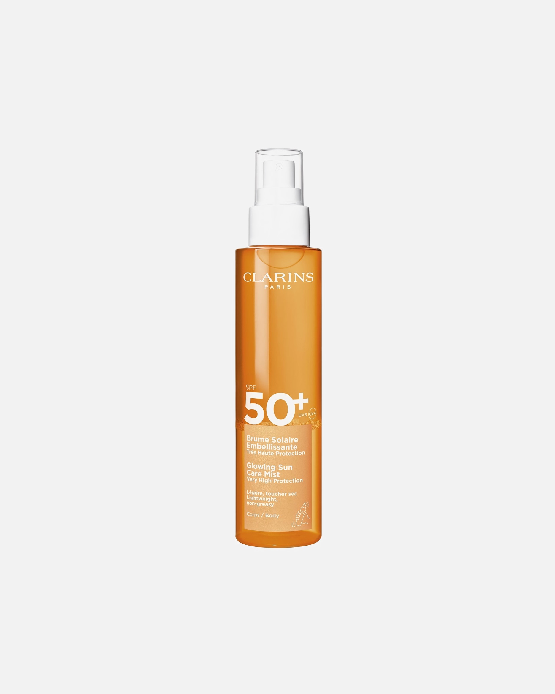 Spray solaire pour Unisexe Clarins Solaire Brume Solaire Embellissante Très Haute Protection Corps SPF50+ 150 ml