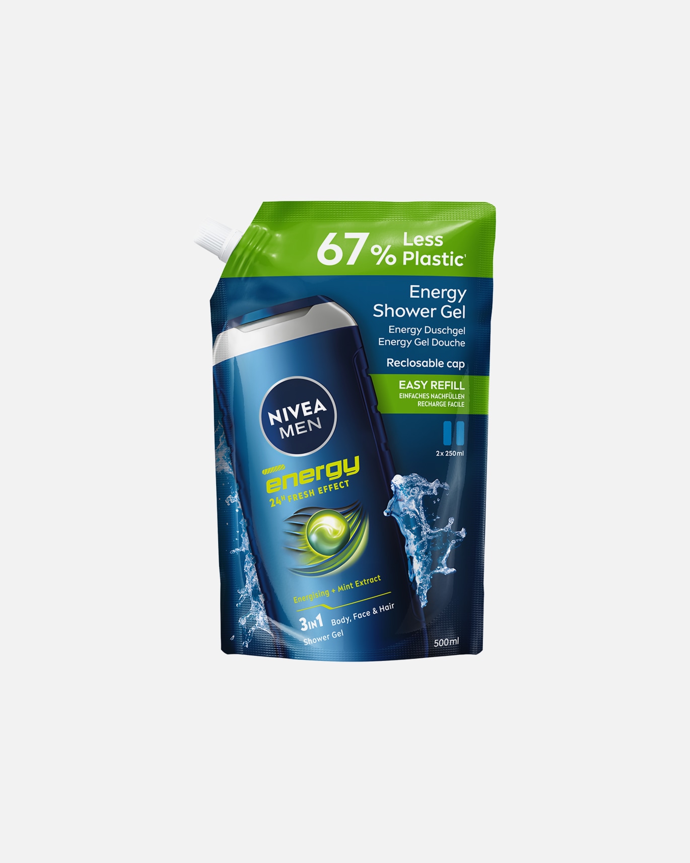 Gel douche pour Homme NIVEA Energy 3‑en‑1 – corps visage cheveux Recharge - 500 ml