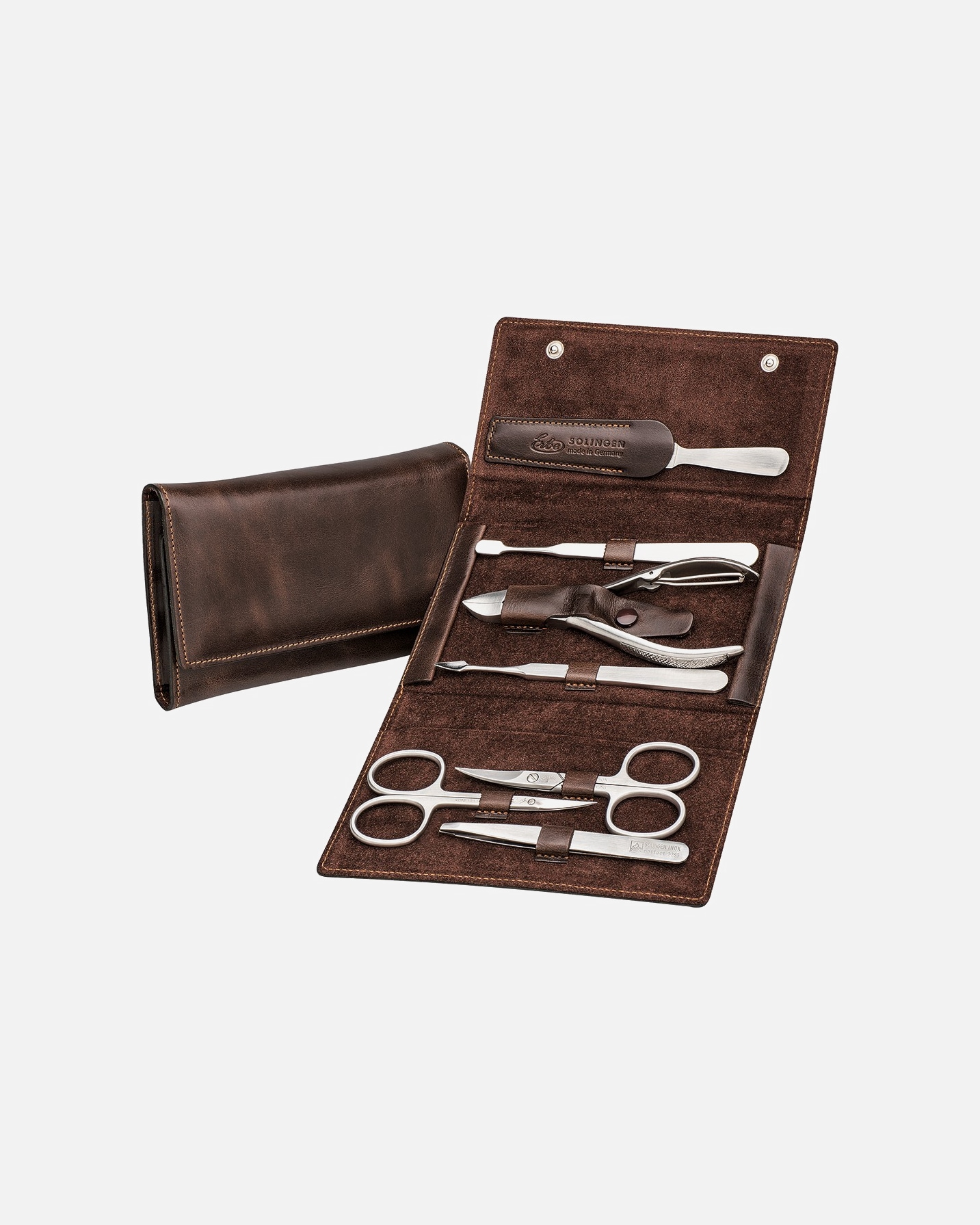 Étui pour Unisexe ERBE Manicure Snap Button Case Range "Antik", brown, 7 pcs. Manicure Snap Button Case Range "Antik", brown, 7 pcs.