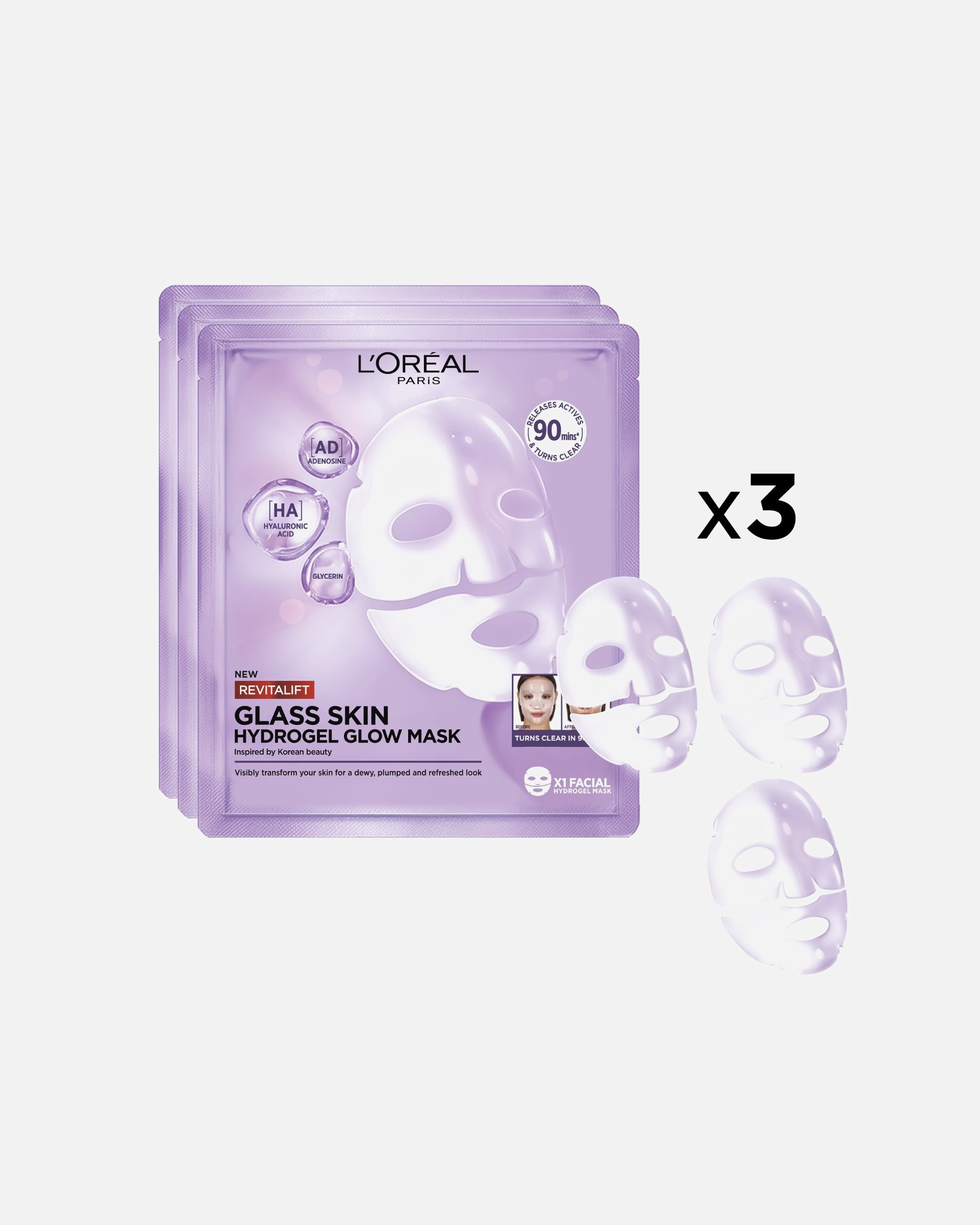 Masque hydratant pour Unisexe L’Oréal Paris Revitalift Filler Glass Skin Hydrogel Éclat (x3) 1 unité